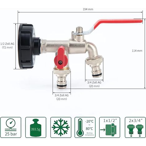 Robinet de jardin extérieur (entrée d'eau 10 DN15), antigel, double commande, en cuivre, pour lave-linge et évier de jardin 1/2 (1/4)