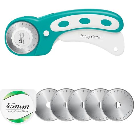 Cutter rotatif de 45 mm avec 5 lames supplémentaires, poignée ergonomique avec verrouillage de sécurité pour tissu, cuir, travaux manuels, couture, matelassage, parfait pour gaucher et droitier (1/5)