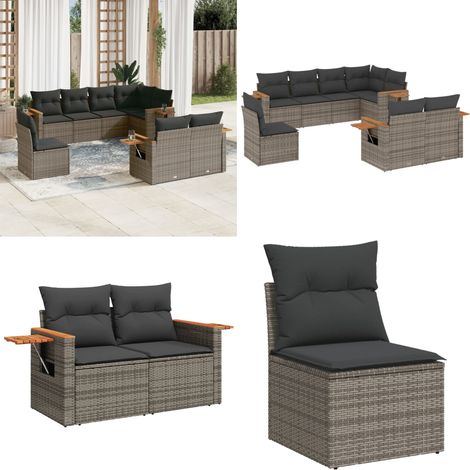 Set Divano da Giardino 8 pz con Cuscini Grigio in Polyrattan - Poltrone da giardino - Cuscini da seduta
