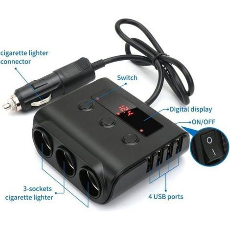Chargeur voiture multiprise - 3 prises allume-cigare - 4 ports USB - Voltmètre intégré - Interrupteur - Quick Charge 3.0 (1/4)