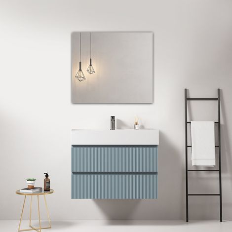 Mobile bagno sospeso cannettato 80 cm Blu Avio Lavabo in Resina Specchio Quadro - Fiji Paint (1/4)