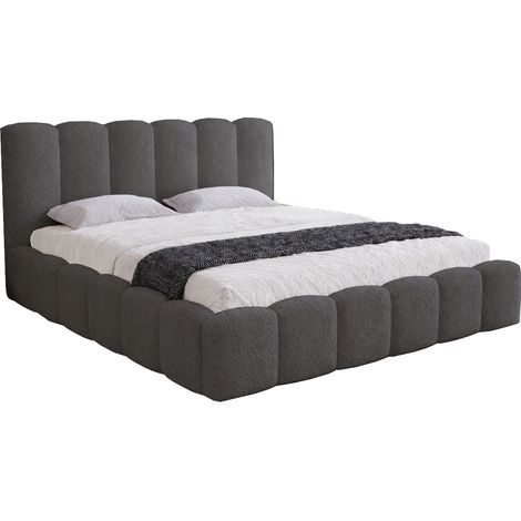 Lit capitonné 180x200 Florent - tissu bouclé, lit avec rangement, sommier - Gris (Lambi 12) (1/5)