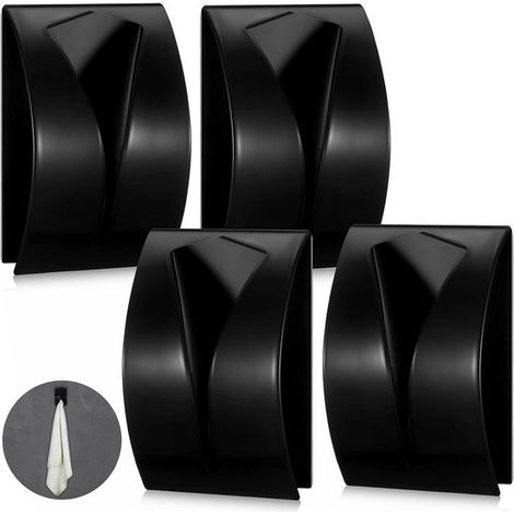 Juego de 4 ganchos para toallas de acero inoxidable, Autoadhesivo, sin necesidad de taladrar, Para baño y cocina, Negro (1/5)