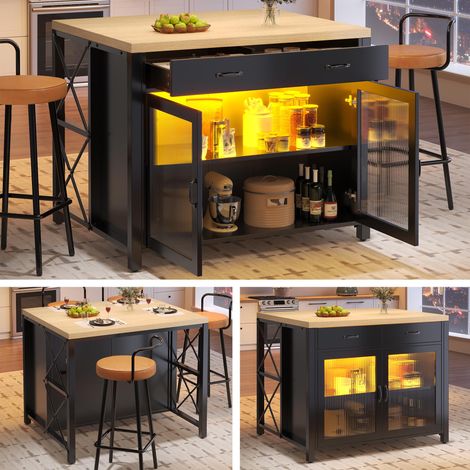 Îlot de cuisine avec bande lumineuse LED, table de bar noire, plan de travail, table basse, idéal pour le salon ou la salle à manger, plateau imitation bois, pieds réglables