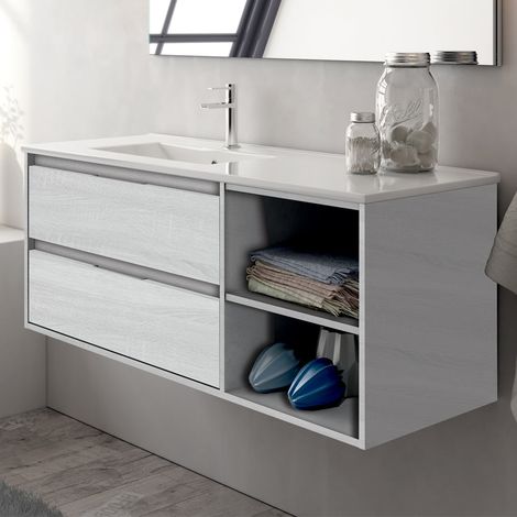 Meuble sous vasque seul, 2 tiroirs et 2 niches, 120cm, pour vasque déportée à gauche - hibernian (bois blanchi) - OLYMPE