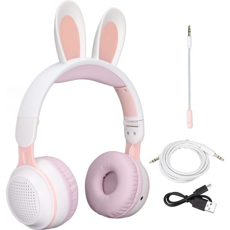 Casque Bluetooth sans fil supra-auriculaire à oreilles de lapin, pliable, compatible carte TF/Aux, avec lumières LED, Bluetooth 5.0, universel pour téléphones portables et ordinateurs, blanc/rose (1/5)