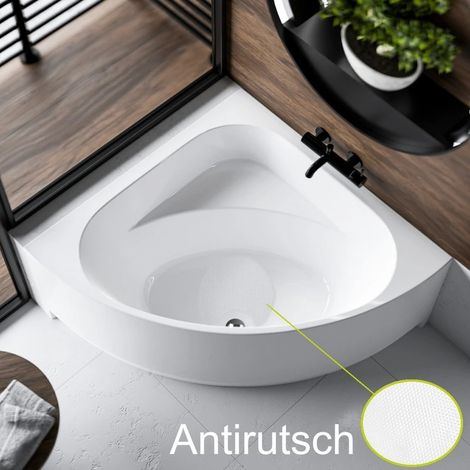 ECOLAM Badewanne DINA 140 x 140 cm mit Antirutsch + Schürze Verkleidung Eckbadewanne Acrylwanne symmetrisch weiß glänzend Ablaufgarnitur Ab- und Überlauf Füße Silikon