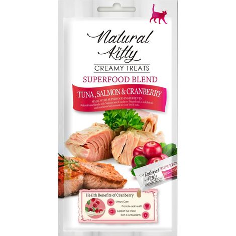 Friandises crémeuses de qualité supérieure Natural Kitty pour chats, au thon, au saumon et aux canneberges, 12 x 48 g (1/5)