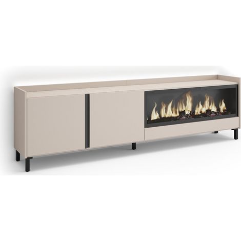 Skraut Home - Mobile TV Soggiorno, Ampio spazio a disposizione, 212x35x61cm, Per TV fino a 80", Camino elettrico XXL, Design industriale, LED, Stile moderno, Beige (1/5)