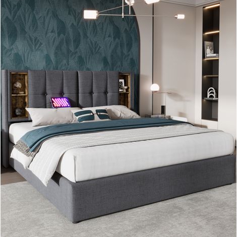 Lit double capitonné 140x200 cm moderne en coton gris avec tête de lit rangement, charge sans fil, USB-C et coffre relevable (1/5)