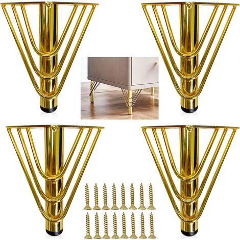 Pieds de Meubles Metal Doré, Pied Canapé de Rechange de 15cm Moderne, Pied pour Table Basse, Meuble TV, Armoire Salle de Bain avec Vis+Protection du Sol+Base Silencieuse Antidérapante (1/5)