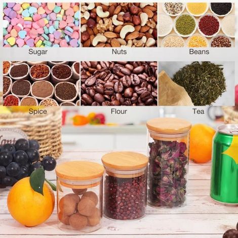 Lot 10 bocaux alimentaires en verre — 5 × 250 ml + 5 × 350 ml, hermétiques, couvercles bambou (1/4)