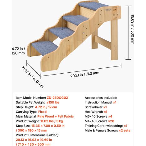 VEVOR Wood Pet Stairs, 4-Step Dog Stairs for High Beds, Sofa & Cars, 68 kg Load Capacity, Non-Slip Surface, Stable Cat & Dog Step Ladder for Small Medium Large Older Pet Puppy Essentials (1/4)
