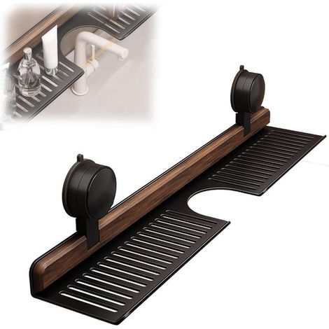 éTagèRe De Salle De Bain à Ventouse en Noyer,Organiseur D'éVier Mural Amovible Et éTanche,sans PerçAge,Support Rangement Robinet Bois pour Accessoires Cuisine Et Salle Bain(50cm,Black) (1/5)