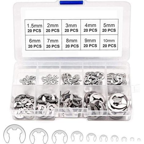 Kit de 200 E-Clips en acier inoxydable – Circlips internes et externes – Résistance à la corrosion – Dimensions M1.5 à M10 (1/5)