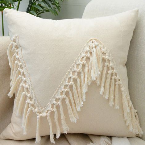 Housses de coussin tissées bohèmes 2 pièces pour lit, canapé, voiture, décoration intérieure, housse de coussin confortable à pompons 45 x 45 cm (1/5)