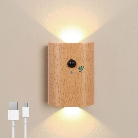 Wiederaufladbare LED-Wandleuchte mit Bewegungsmelder, USB-Anschluss, kein Bohren erforderlich, für Schlafzimmer, Nachttisch, Flur, Wohnzimmer, Holz-Innenbeleuchtung (1/5)