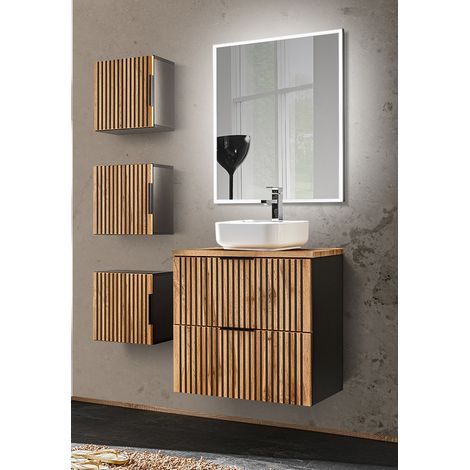 Badmöbel Set schwarz gerillt mit 3 Hängeschränke XANTEN-56 in anthrazit mit Eiche Nb., B/H/T: 110/200/46,5 cm (1/5)