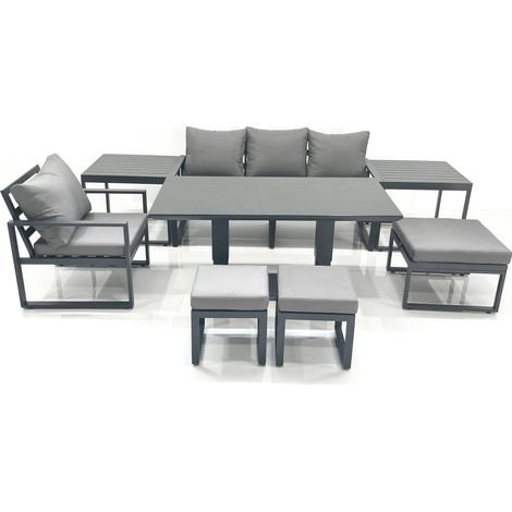 Fimous 7 Seater Garden Sofa Set Aluminium Furniture Rising Dining Tabe Set with Chair 3 Footstool 2 Side Tables Dark Grey (1/5)