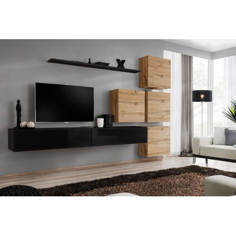 Ensemble mural - Switch IX - 4 vitrines carrées - 2 bancs TV - 1 étagère - Bois et noir - Modèle 2 - Livraison gratuite