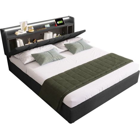 Lit rembourré 160x200 avec rangement, sommier à lattes, LED et charge USB — gris (1/5)