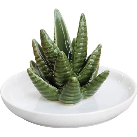 Porte-bijoux céramique soucoupe aloès pour bagues bracelets boucles d'oreilles - Cadeau femme fille plateau déco succulente verte (1/5)