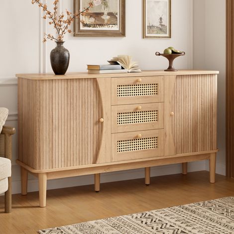 Buffet bas 141x40x77 cm en MDF avec 3 tiroirs cannage rotin, portes coulissantes, étagères réglables et pieds en bois - Bois naturel (1/5)