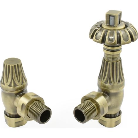 Warmehaus Traditional Antique Style Brass Thermostatic Radiator Valve Lockshield Heated Towel Rail Angled TRV Polished Antique Brass