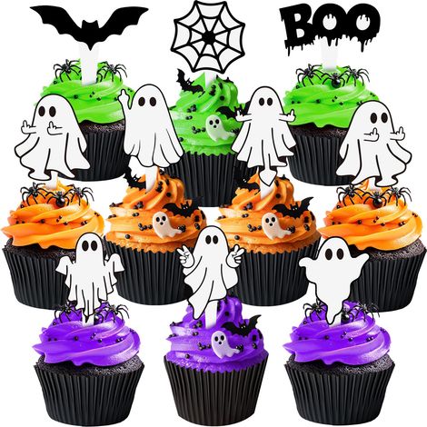 54 décorations fantômes pour cupcakes - 9 modèles (6 de chaque), parfaites pour les anniversaires sur le thème des fantômes, les fêtes prénatales, les gâteaux d'Halloween et les décorations de fête. (1/5)