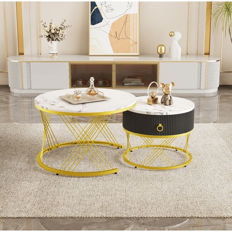 Table basse gigogne lot de 2 MDF blanc effet marbre, avec tiroir et pieds réglables (1/5)