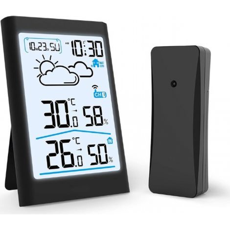 Schwarze drahtlose Wetterstation, Innen-/Außenthermometer, Hygrometer, Barometer mit LED-Sensor (1/4)
