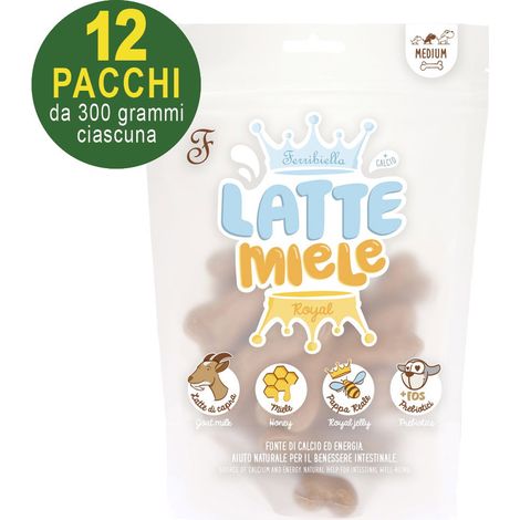 Snack 12 buste misura M da 25 g cad: Snack Latte e miele per cani adulti di media taglia 12 buste da 300g ciascuna