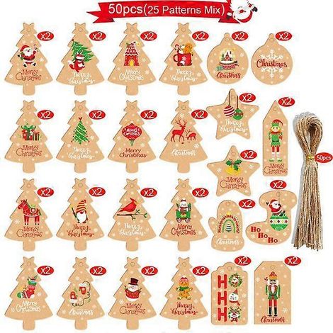 50 étiquettes cadeaux de Noël en papier, pour emballage cadeau DIY, décorations à suspendre au sapin de Noël et décorations du Nouvel An. Lot de 10.