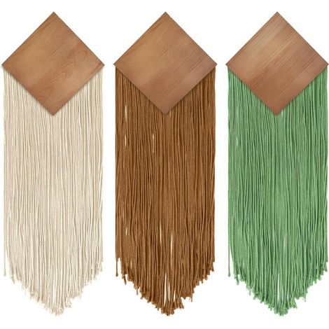 Lot de 3 tapisseries murales bohèmes en macramé avec panneau en bois tissé à la main pour salon, chambre à coucher, décoration d'intérieur (blanc, caramel, vert) (1/5)