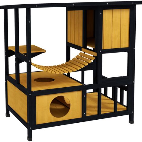 Maison en bois pour chats Grotte pour chats avec pont suspendu et balcon, imperméable pour 1 à 2 chats jusqu'à 5 kg, jaune