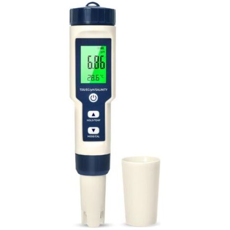 (18×3,7×3,7 cm) Misuratore di pH, 5 in 1 pH/TDS/EC/Salinità/Termometro, Tester di pH con schermo LCD, Compensazione automatica della temperatura, Tester elettronico di pH per piscine, Adatto per acqua (1/4)