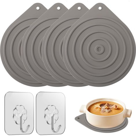 Lot de 4 dessous de plat résistants à la chaleur - En silicone - Antidérapants - Pour garder les aliments au chaud - Avec deux crochets - Convient pour les casseroles, théières et bols (1/5)