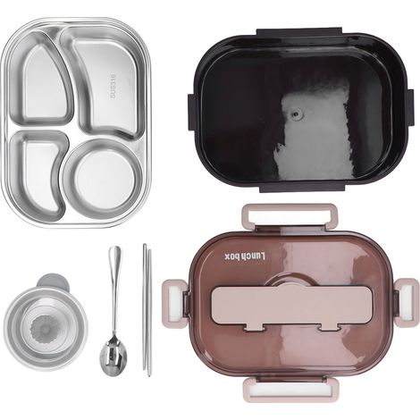 Edelstahl-Lunchbox für Büroangestellte, Schüler, Kinder, Kantinenbox mit Fächern, isoliert (Schwarze Karton-Lunchbox mit vier Fächern für Suppenschüsseln, Einzel-Lunchbox) (1/5)