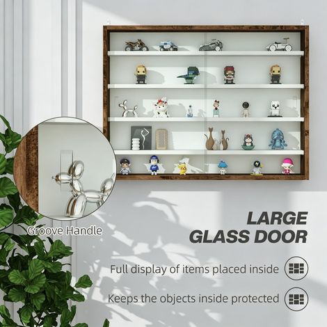60x80cm 5-Tier Wall Mounted Display Cabinet with Glass Doors, Wall Storage Unit with 4 Adjustable Shelves, Home Office Ornament Display Shelf for Lounge Bedroom, Brown (1/5)