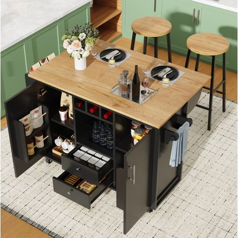 Carrello da cucina con 2 sgabelli da bar 137.9x45x92 cm, piano ribaltabile, ampio spazio, MDF e metallo, nero (1/5)