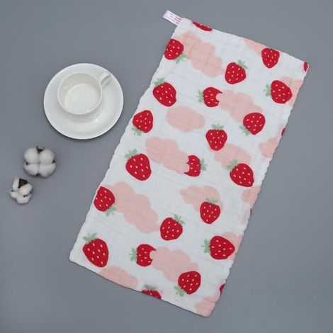 Kinder-Serviette – 6-lagig aus reiner Baumwolle – Erdbeermotiv – 25x50 cm