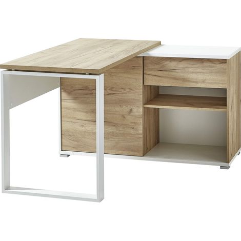 Bureau en angle GW-Lioni, en Blanc/Chêne-Navarra repro, avec buffet intégré, 120 x 75 x 117 cm (l/h/p) (1/5)