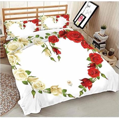 Housse De Couettes 3 Pièces 3D Imprimé Microfibre Ensemble De Literie avec Housses De Taies Rose Fleur Rouge Blanc 240X260 Cm - GJG (1/5)
