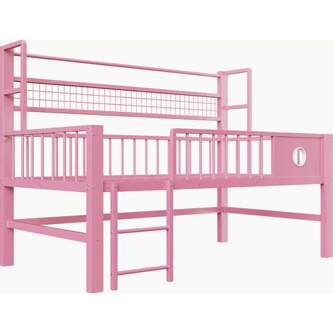Cama alta baja infantil 90 x 200 cm de metal con almacenaje rosa HOMVRA (1/5)