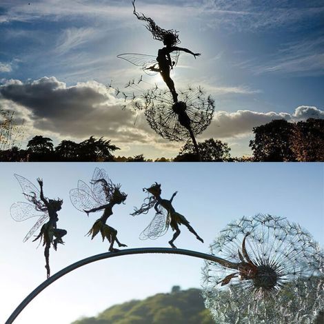 Statues de fées pour jardin sur piquets – Sculptures décoratives extérieures avec pissenlits, design féerique et élégant (2 pièces) (1/3)