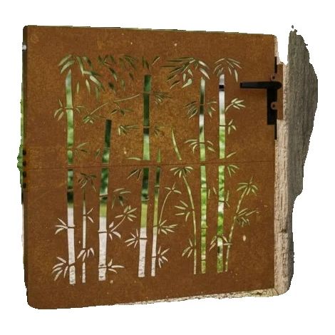 Puerta de jardín, acero Corten, diseño de bambú, color burdeos. (1/2)