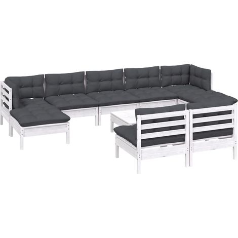 vidaXL Set Divani da Giardino 10 pz con Cuscini Bianchi Legno di Pino (1/4)