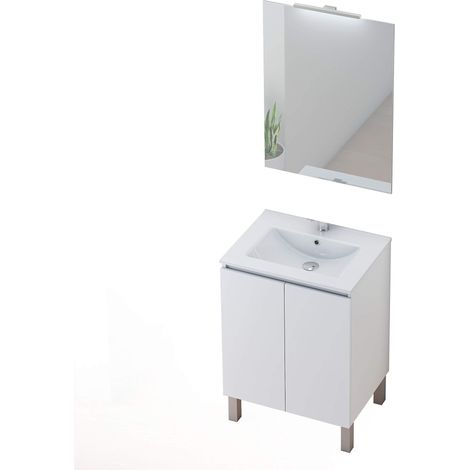 Meuble de Salle de Bain avec lavabo et Miroir avec Applique LED avec Pieds, Deux Portes, Finition Blanc Mat, mélamine 16, Facile à Assembler 16 mm, 60 x 46 x 82 cm (1/5)