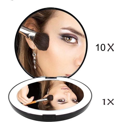 Miroir pliant portable avec miroir de maquillage à lumière LED, loupe 10X, mini miroir à 12 perles de lampe noir (1/5)