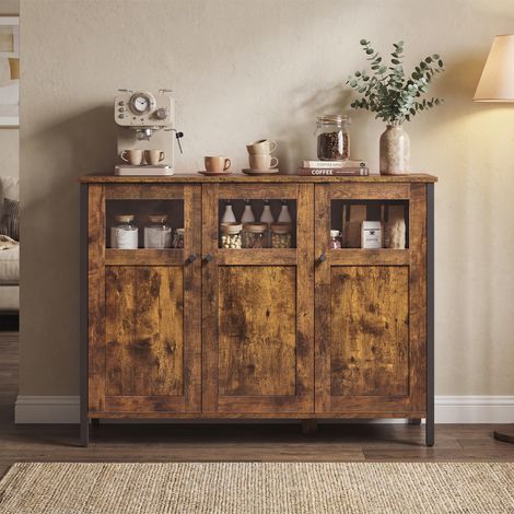 Vasagle – Buffet armoire de cuisine avec portes en verre – Style industriel marron rustique et noir – Dimensions 100x35x75 cm – Stabilité sur sols irréguliers (1/5)